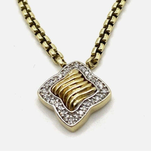 David Yurman Quatrefoil Diamond & 18k Yellow Gold Box Chain Necklace, 16" - Picture 4 of 16